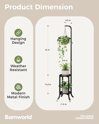 Bamworld Hanging Plant Stand Indoor Corner Tall Plant Shelf Outdoor Black