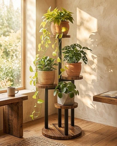 Bamworld Plant Tables Indoor Corner Plant Stand Tall Metal Wood Plant Shelf