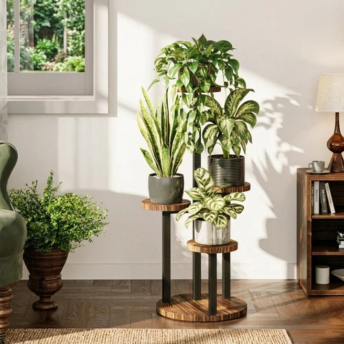 Bamworld Plant Tables Indoor Corner Plant Stand Tall Metal Wood Plant Shelf